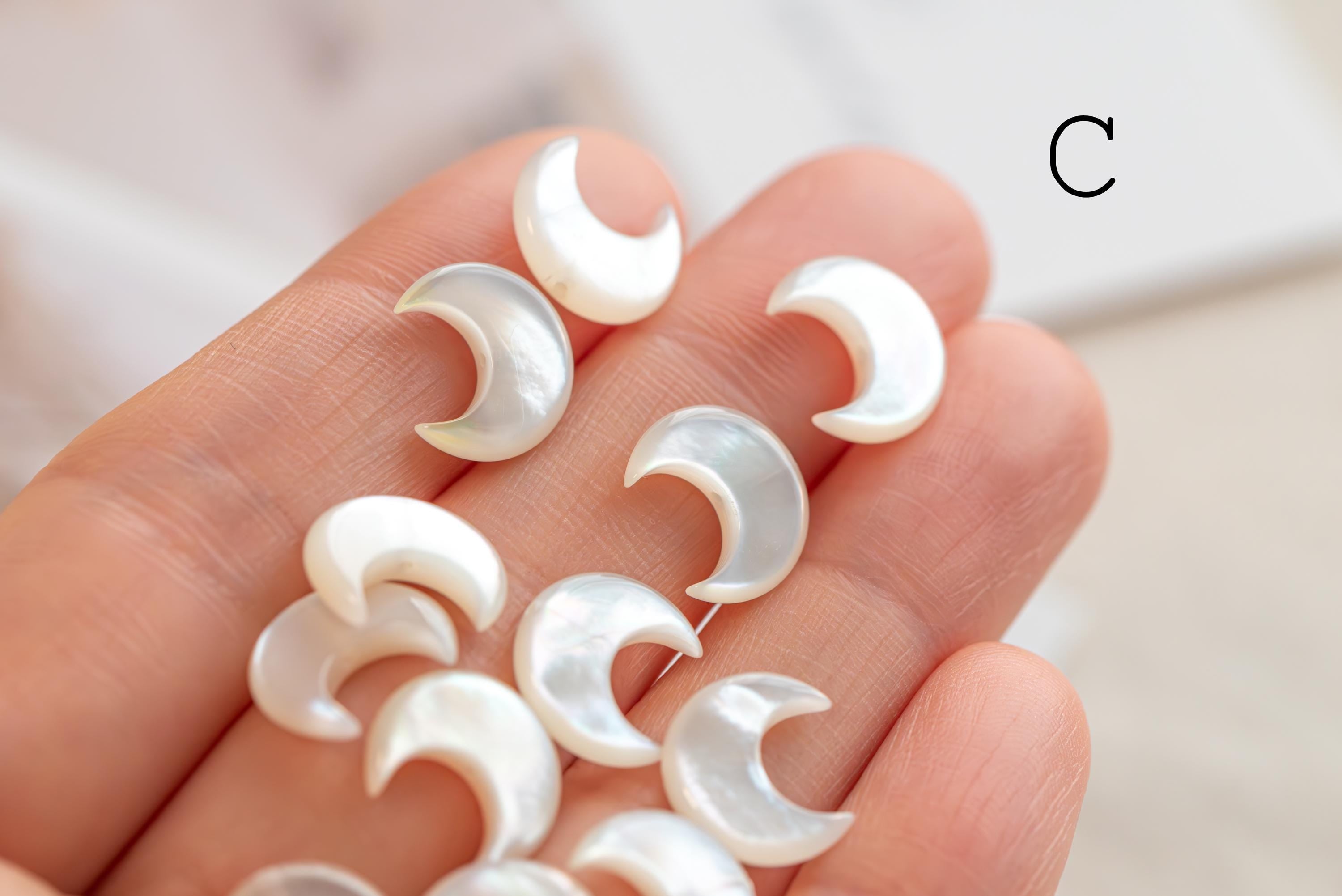 Moon Phase Mother of Pearl Beads, White MOP Shell Crescent Charms 12mm (BK-035)